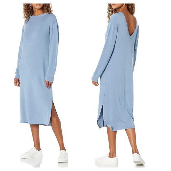 The Drop Blue Suki Rib V-Back Midi Dress Long Sleeve Slit in Blue Women's S - Picture 1 of 8